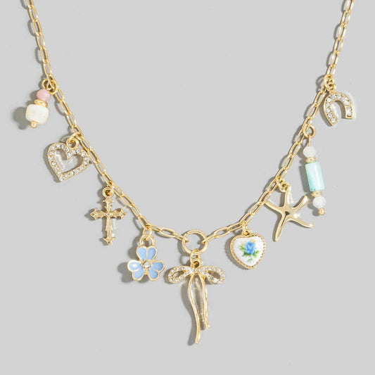 Floral Ceramic Hearts And Bow Mixed Charms Chain Necklace