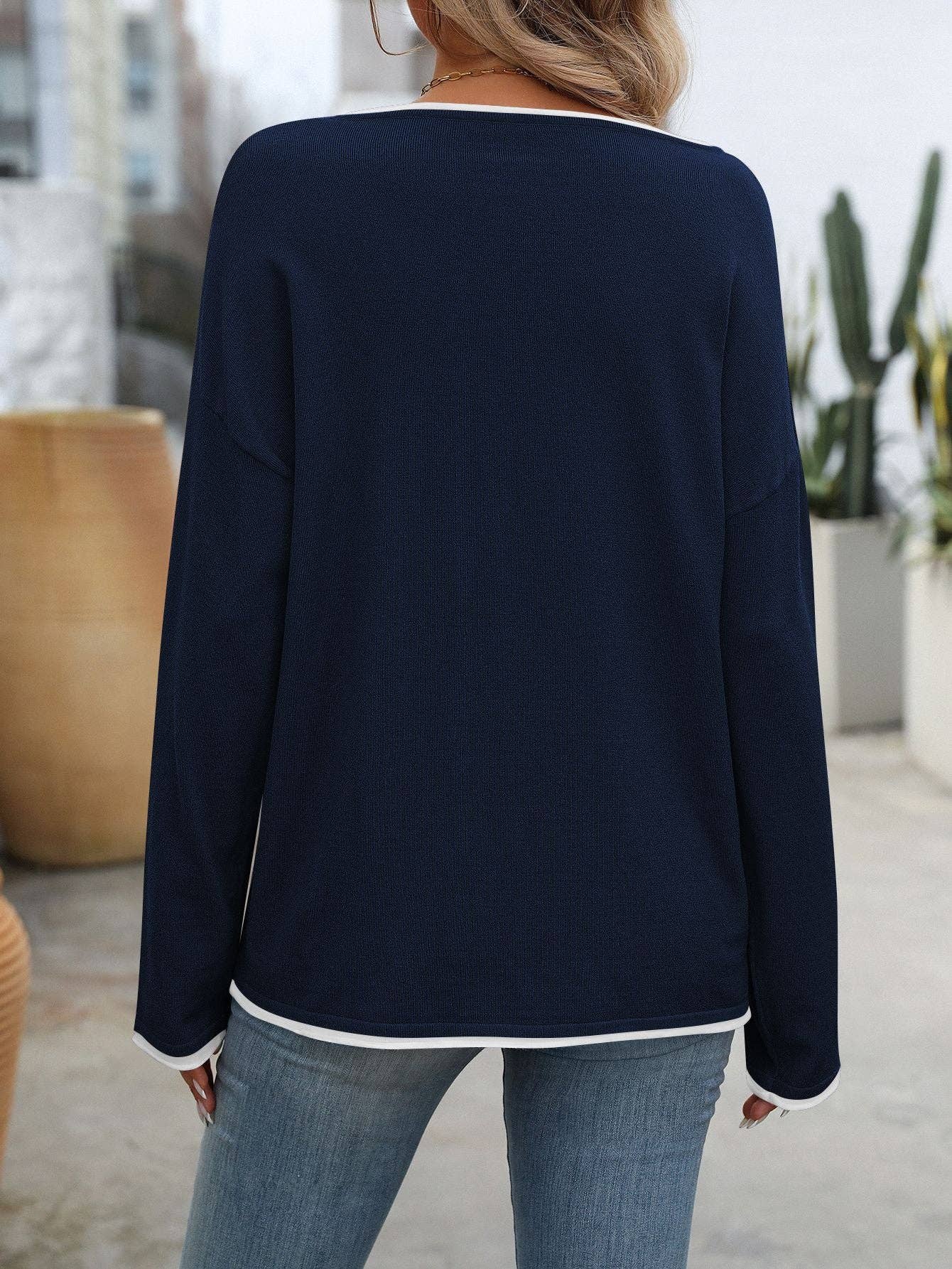 Navy Blue Trim Accent Sweater