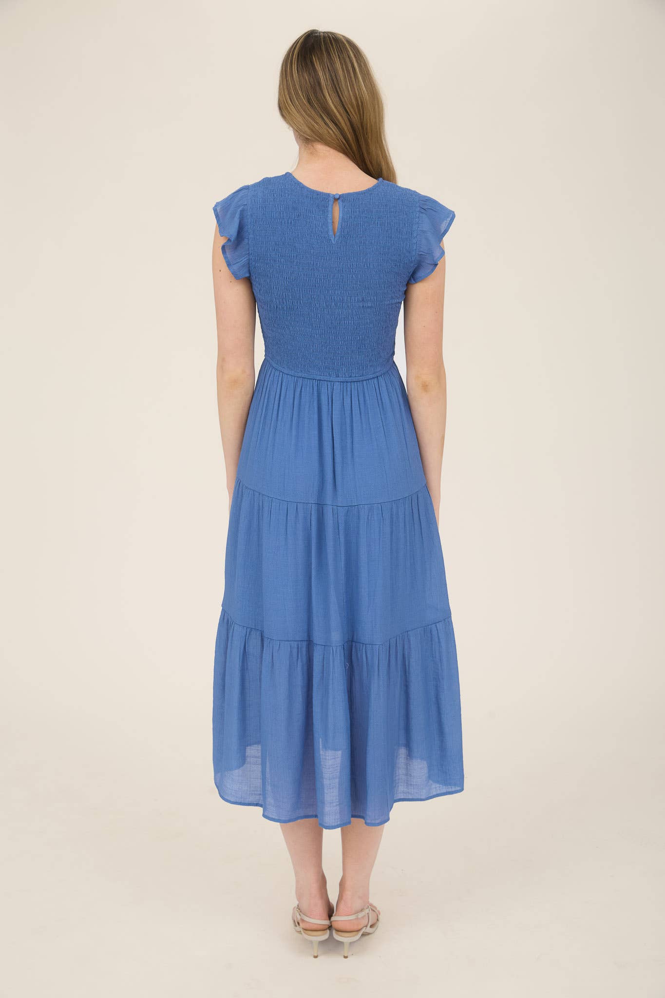 SALE Dusty Blue Smocked Tiered Midi Dress