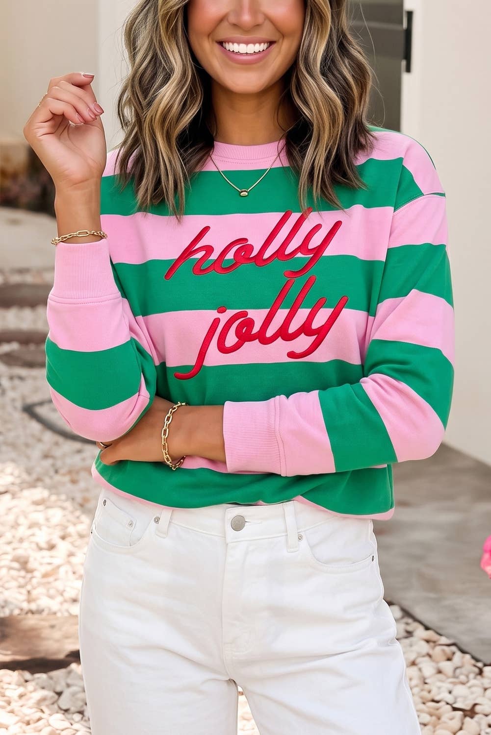 Holly Jolly Embroidered Stripe Pullover Sweatshirt | S-4X: Pink Stripe / S