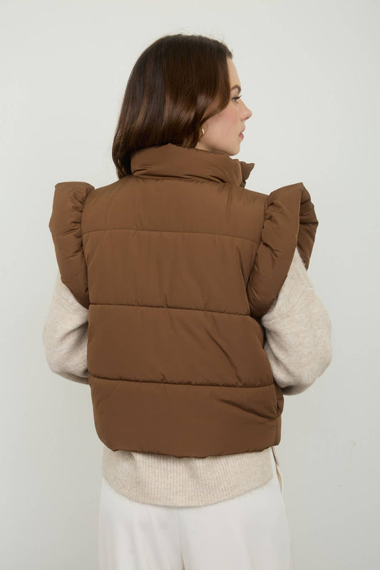 Brown Flutter Sleeve Bow Detail Puffer Vest F