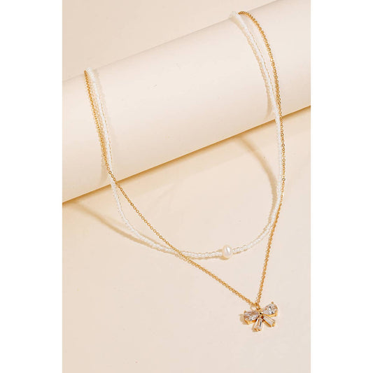 Gold Ribbon Bow And Pearl Bead Charms Layered Necklace