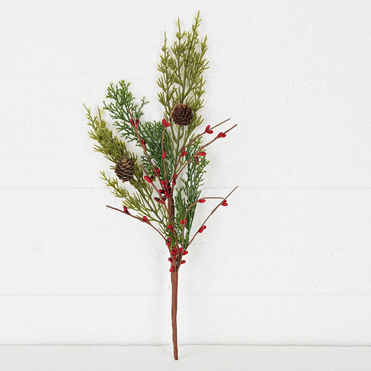 14 Inch Evergreen Pine with Red Pips Pick