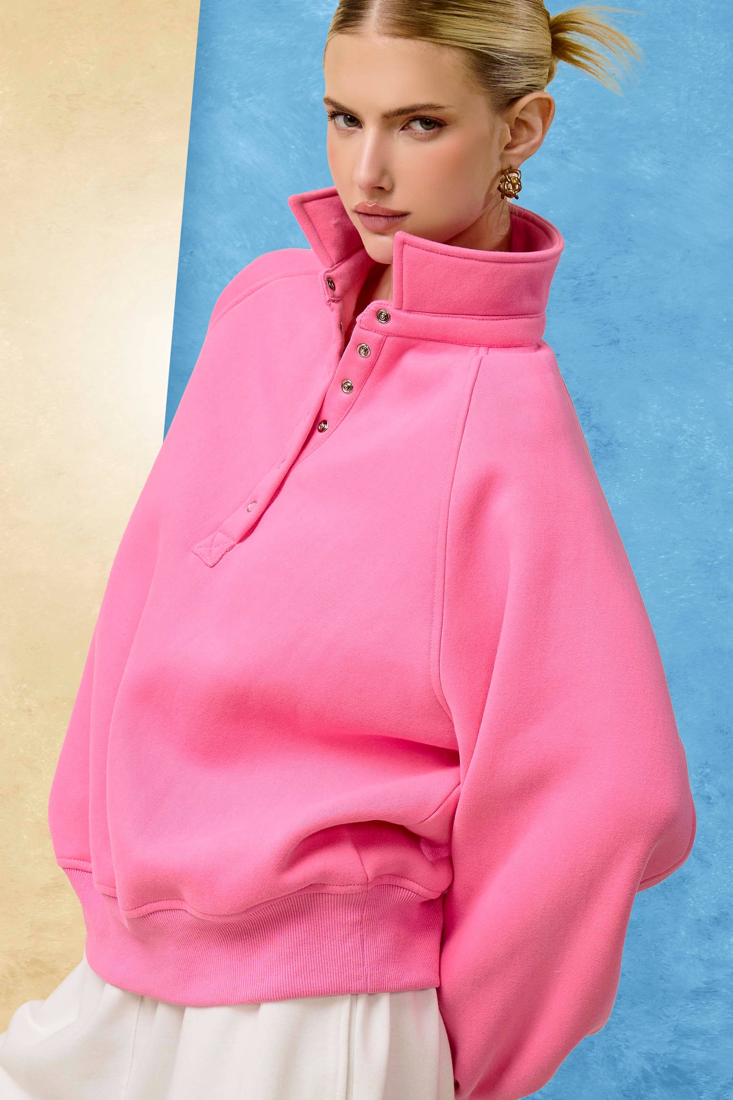 Fire Red Oversized Snap-Button Collared Mock Neck Sweatshirt