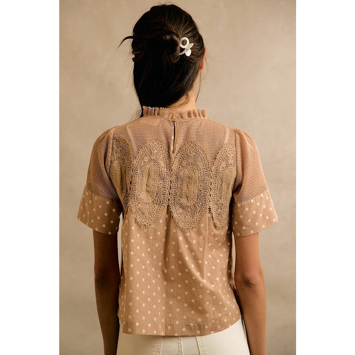 Beige Polka Dot Lace Trim Cotton Blouse