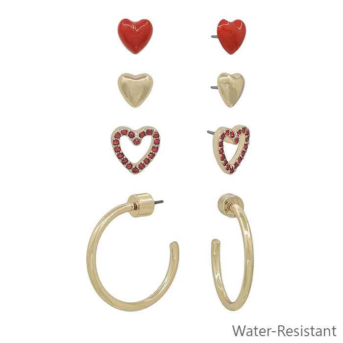 Set of Red & Gold Heart Stud & .5" Hoop Earrings