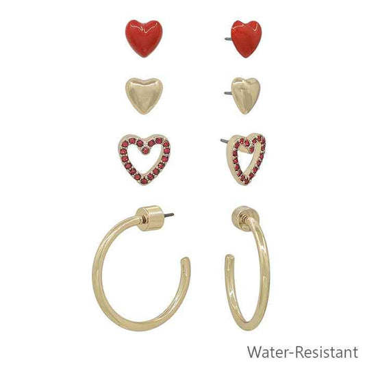 Set of Red & Gold Heart Stud & .5" Hoop Earrings