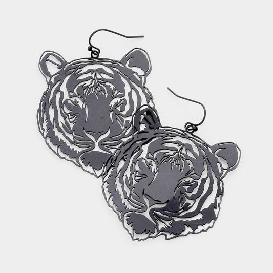 Black Brass Metal Cut Out Tiger Dangle Earrings