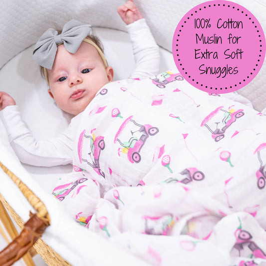 Pink Golf Baby 100% Cotton Muslin Swaddle Blanket 47"x47"