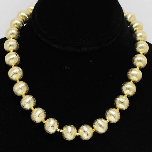 Lightweight Brass Textured Ball Bead Necklace: Gold