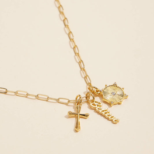 Cross, Believe, & Compass Gold Dipped 18K Charms Necklace