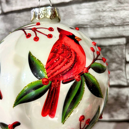 Christmas Foliage White Glass Ball Ornament 4"