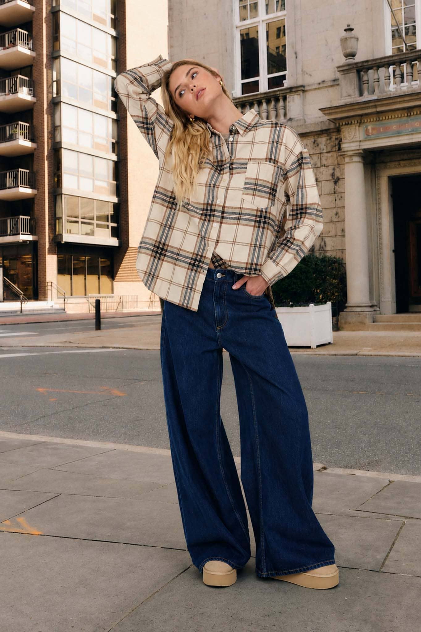 Khaki Plaid Boxy Button Down Oversized Flannel Top