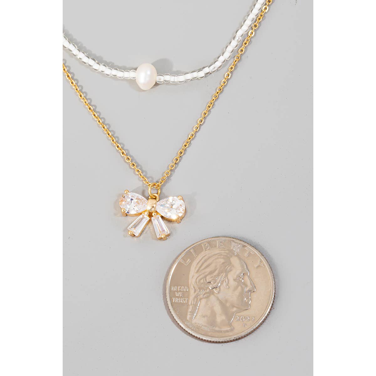 Gold Ribbon Bow And Pearl Bead Charms Layered Necklace