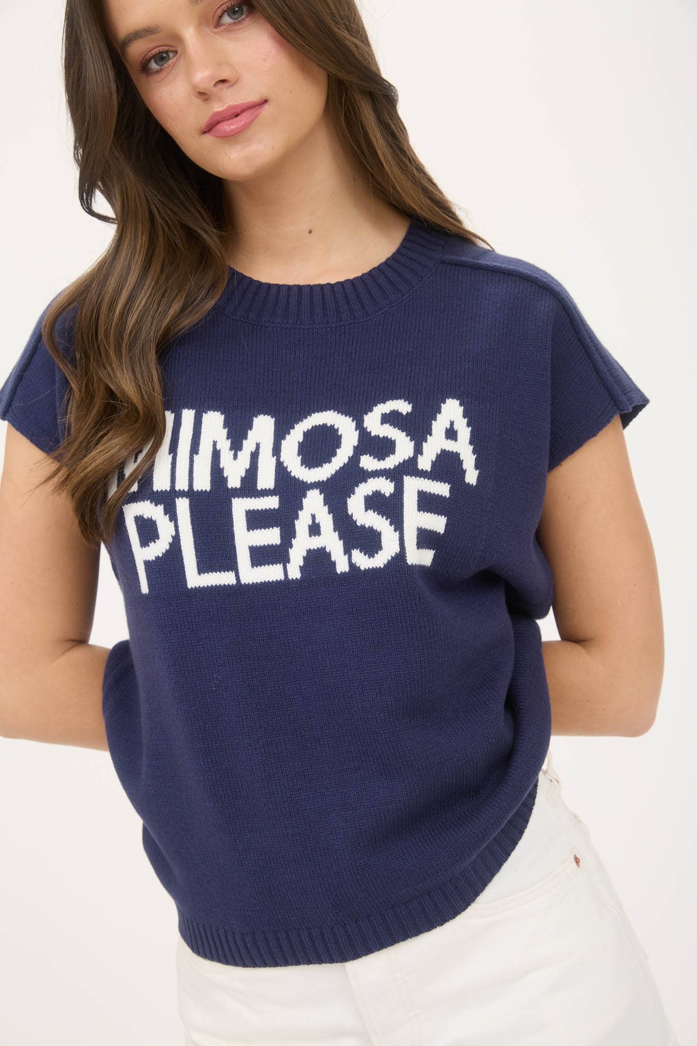Navy Mimosa Please Short Sleeve Pullover Sweater