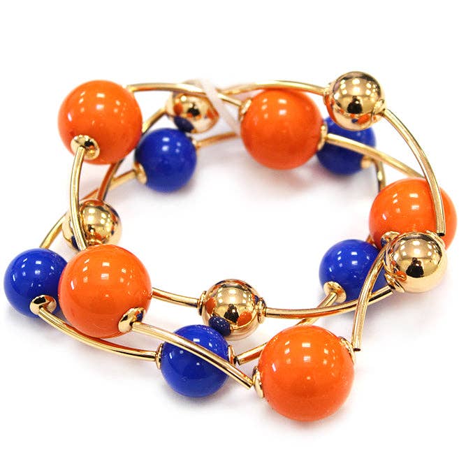 Gameday Blue and Orange with Gold Ball Set of 2 Stretch Bracelets