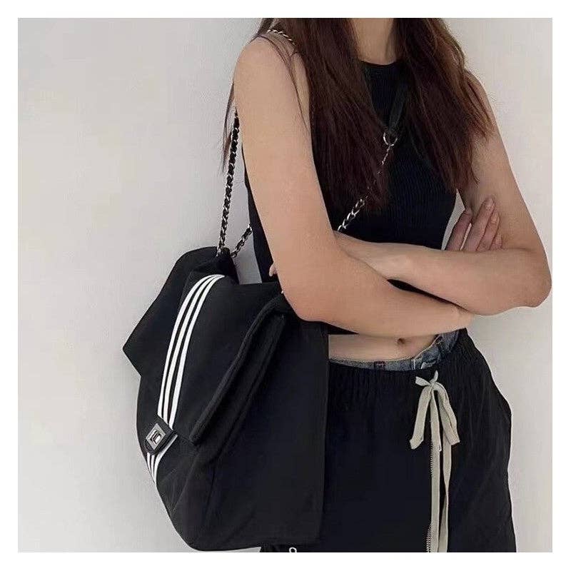 Black Striped Large Chain Tote Bag