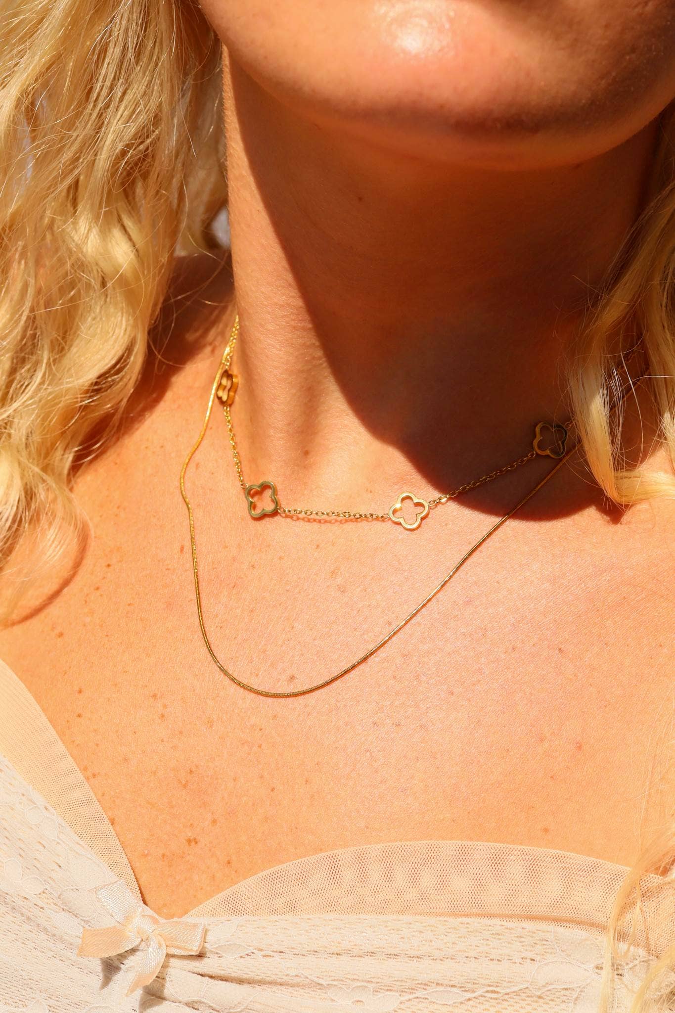 18K Gold Silver PVD Stainless Steel Layered Clover Charm Necklace