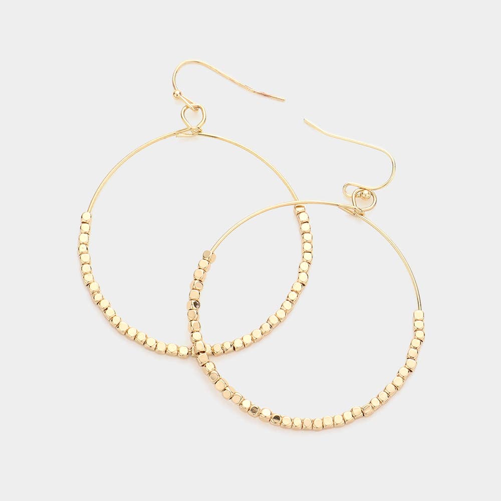 Gold Metal Cube Beaded Open Circle Dangle Earrings