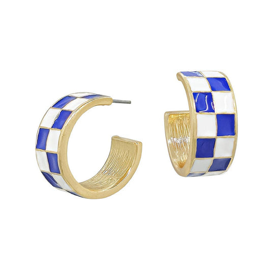 Blue and White Checkered and Gold .75" Hoop Earring