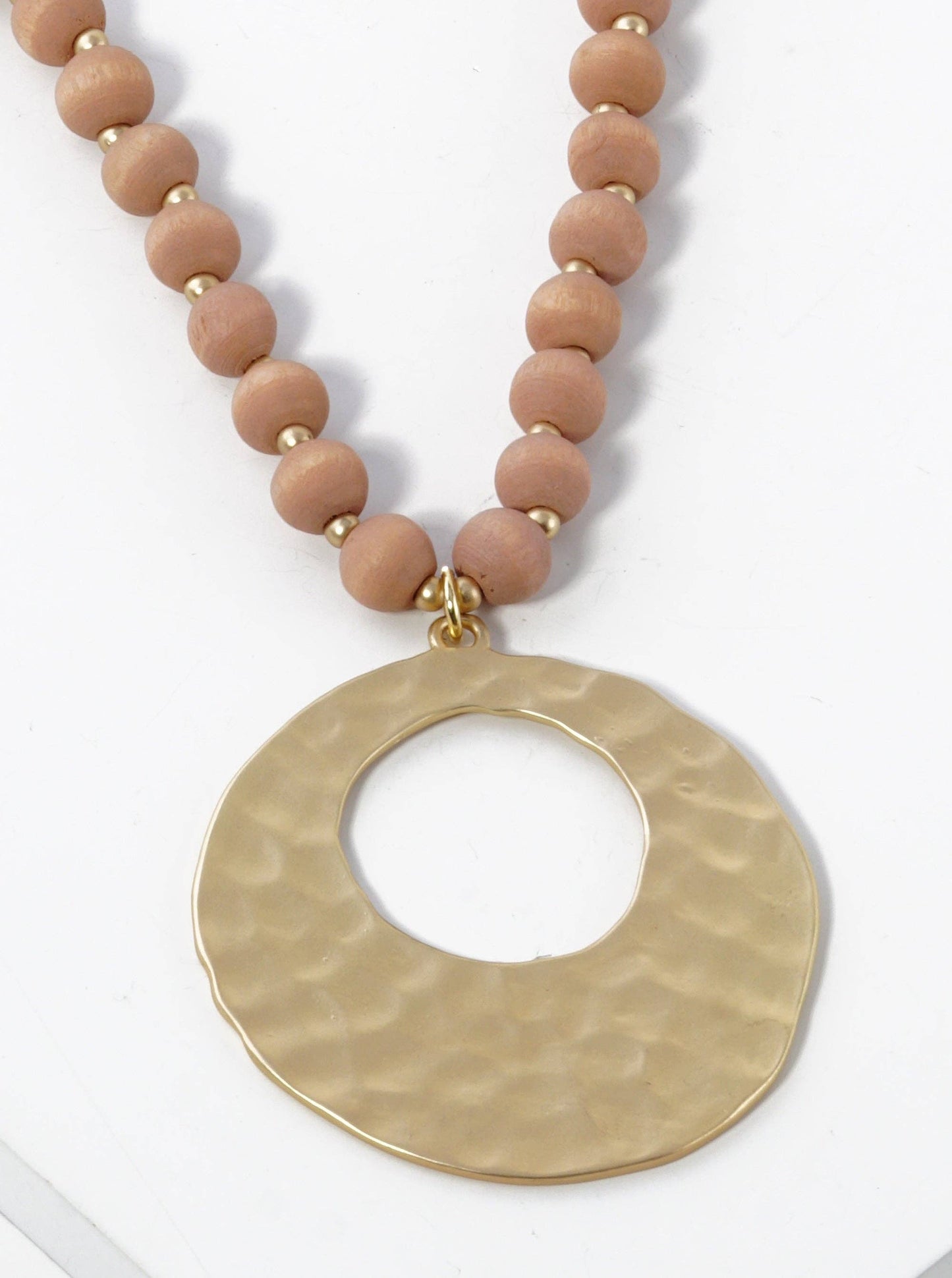 Hammered Brass Circle Pendant Wood Beaded Long Necklace: Light Mocha
