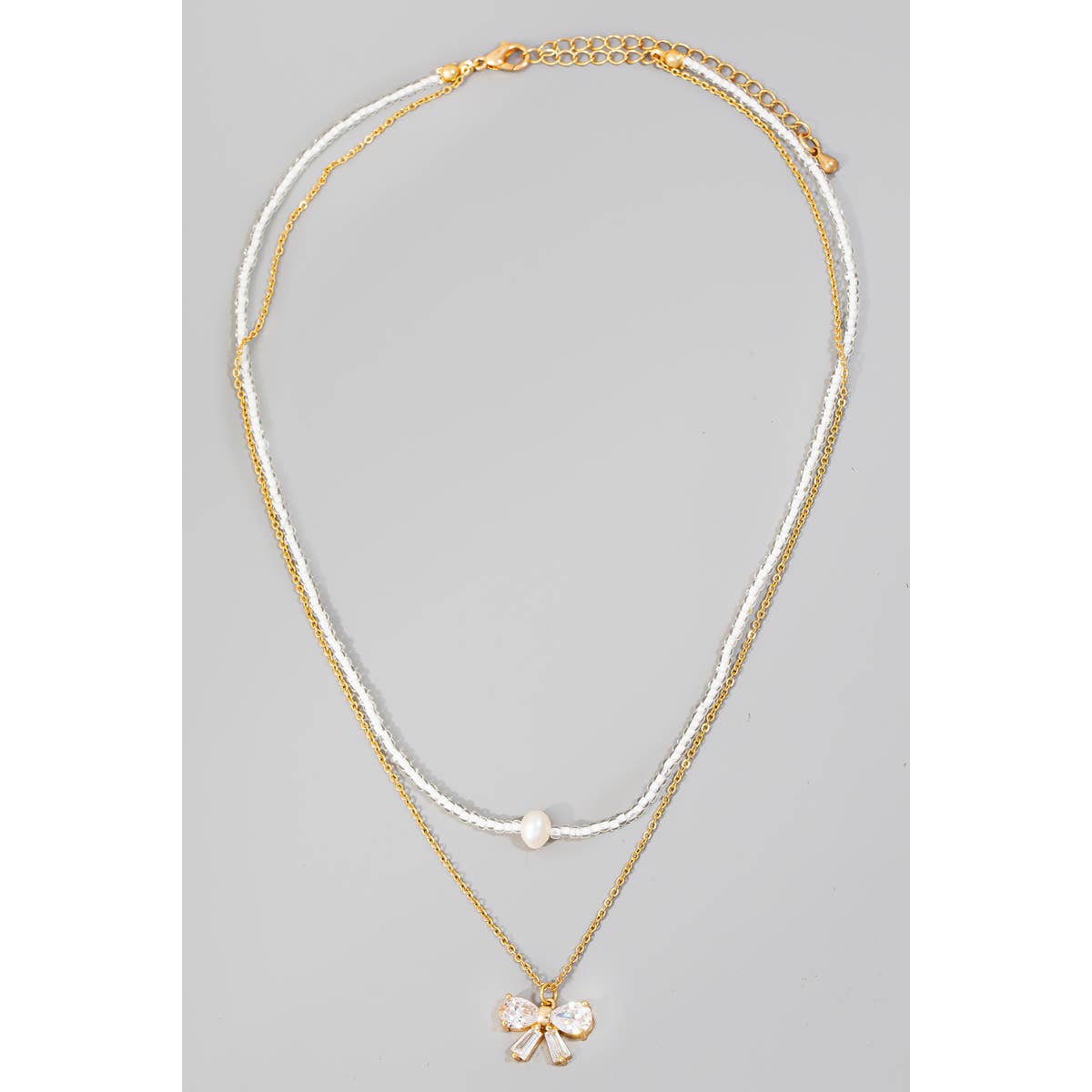 Gold Ribbon Bow And Pearl Bead Charms Layered Necklace
