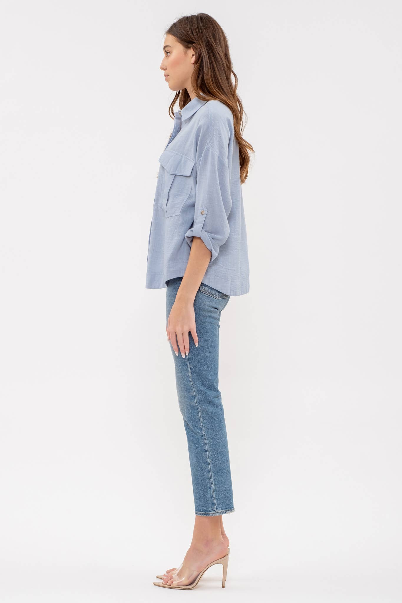 Blue Collared Button Down 3/4 Sleeve Shirt