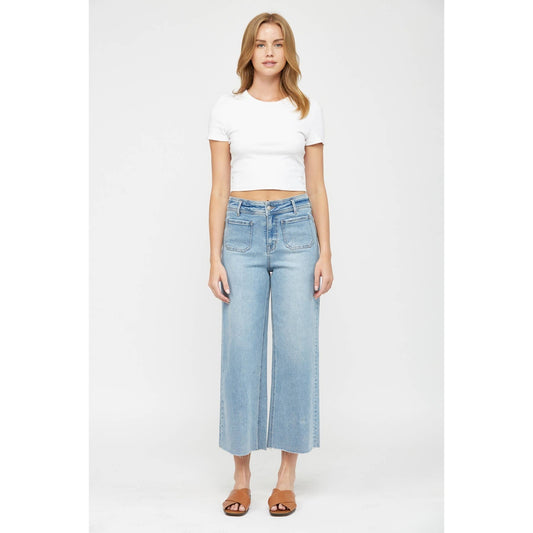 Mica Denim Cropped Wide Leg with Front Pockets: Light Wash