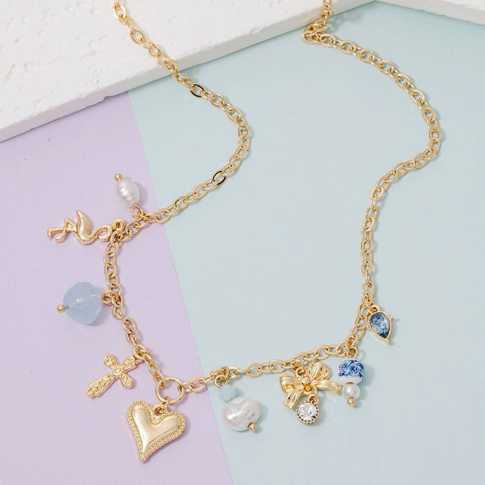Heart Pearl Bows And Pearl Charms Chain Necklace