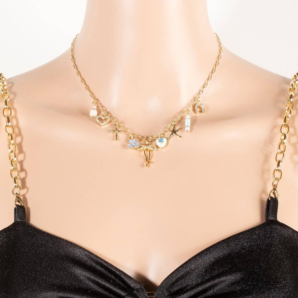 Floral Ceramic Hearts And Bow Mixed Charms Chain Necklace