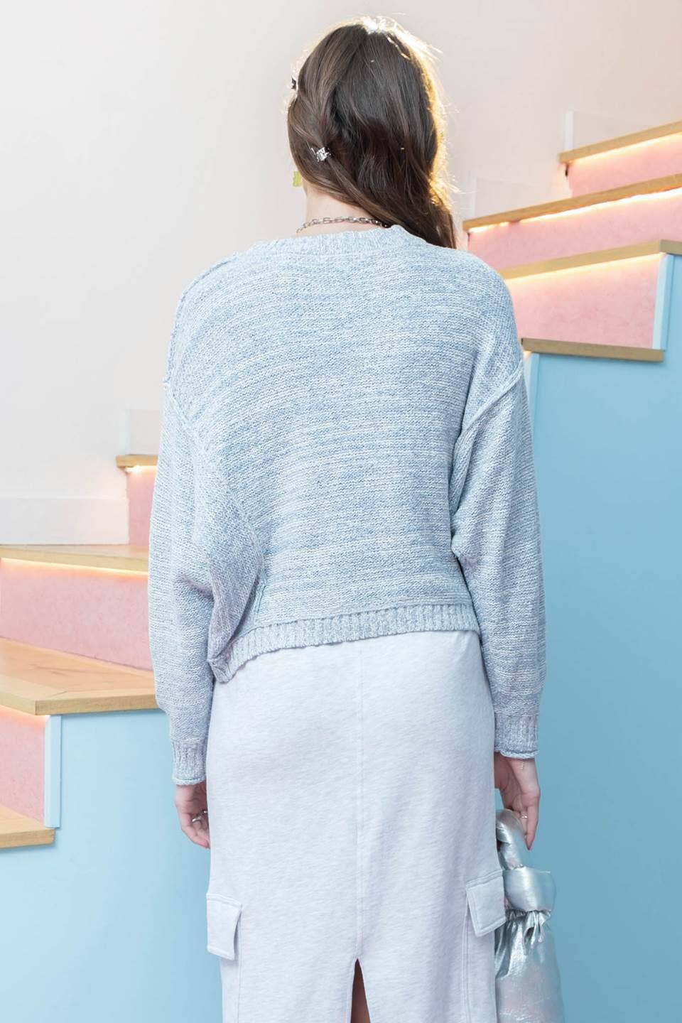 Chambray Exposed Seam Drop Shoulder Sweater