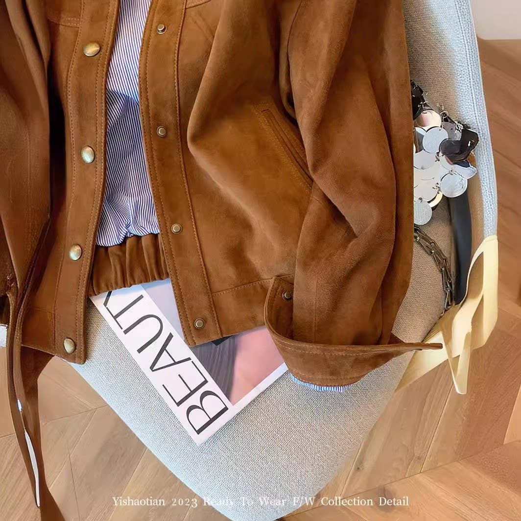 Loose Fit Casual Cropped Jacket: Brown / S