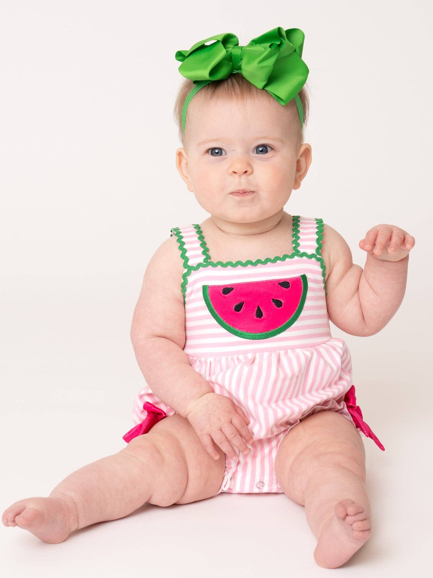 Watermelon Days Striped Embroidery Ruffle Bubble Romper