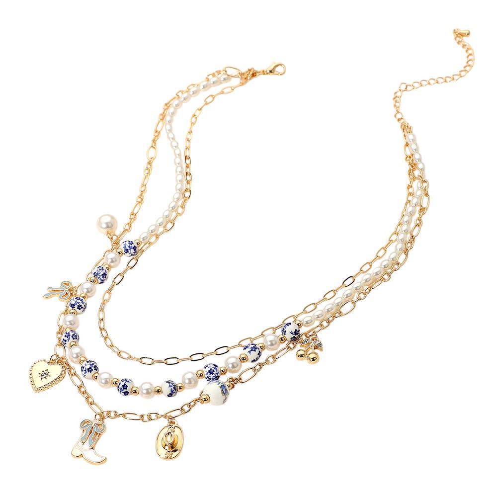 Pearl Floral Ceramic Ball Beaded Layered Necklace