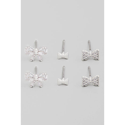Silver Rhinestone Bow  Stud Earrings Set