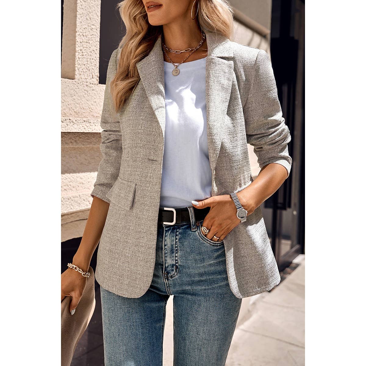 SALE Khaki Fit Button Open Front Long Sleeve Solid Blazer