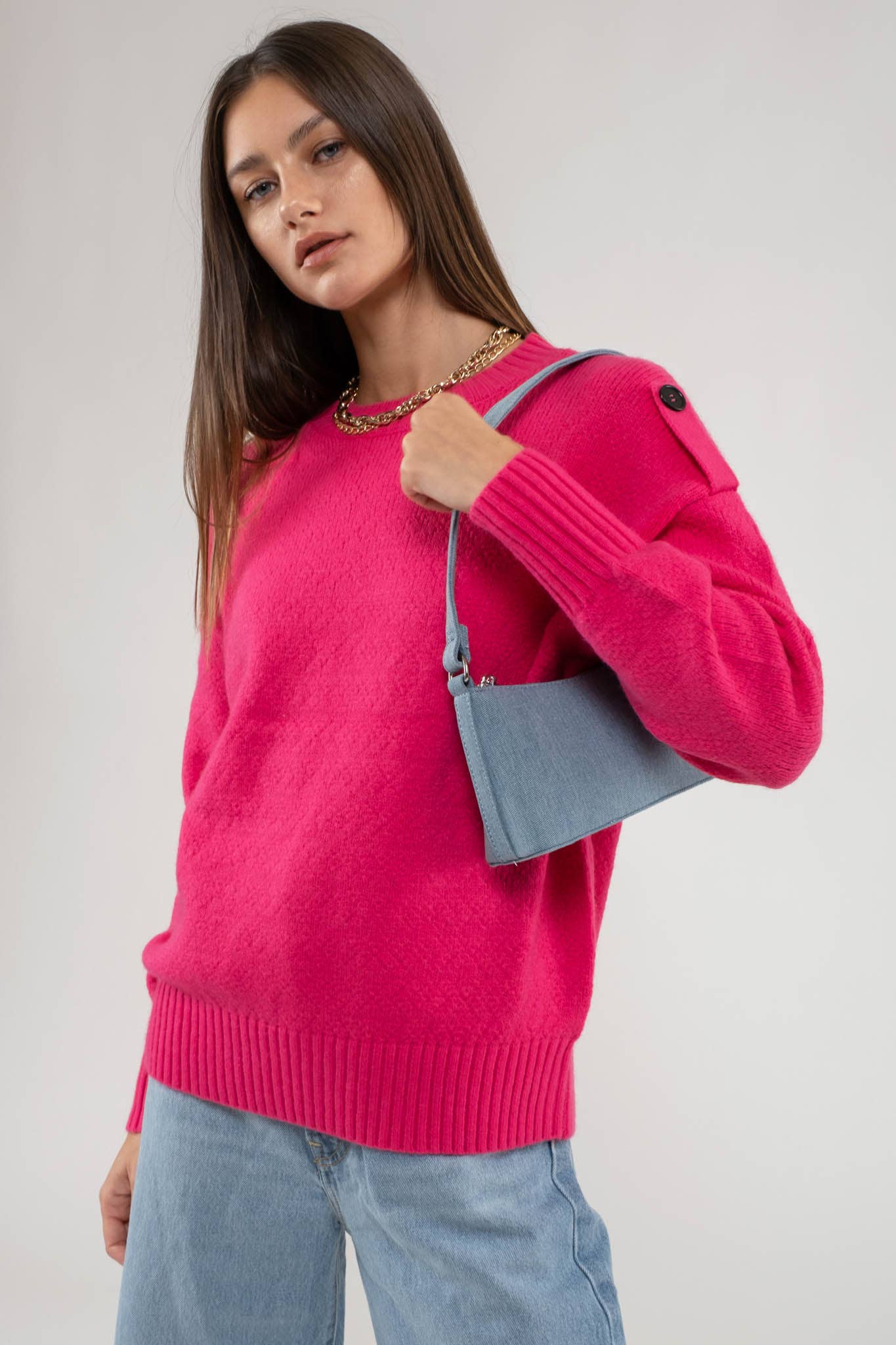 Fuchsia Button Tab Shoulder Pullover Sweater