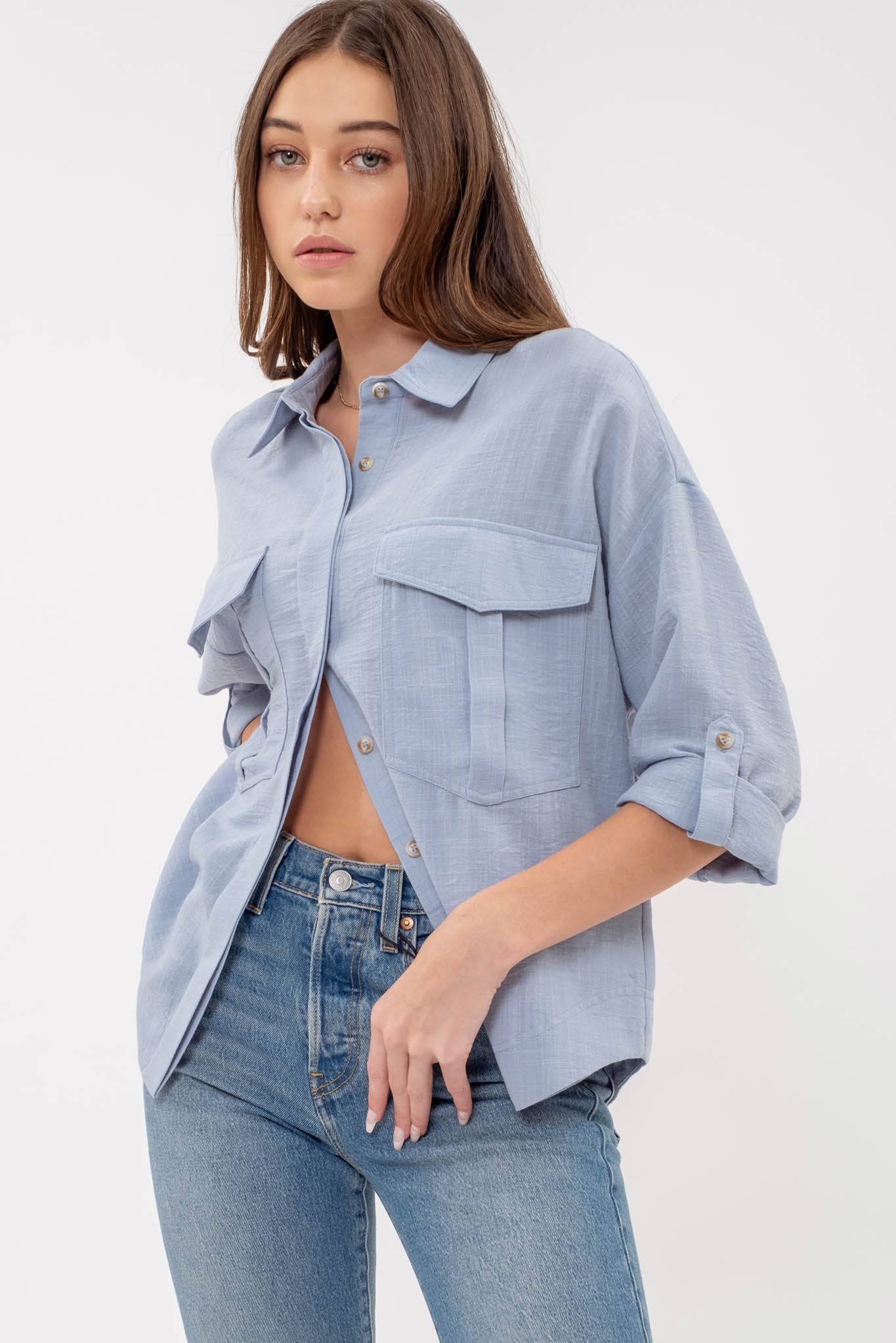 Blue Collared Button Down 3/4 Sleeve Shirt