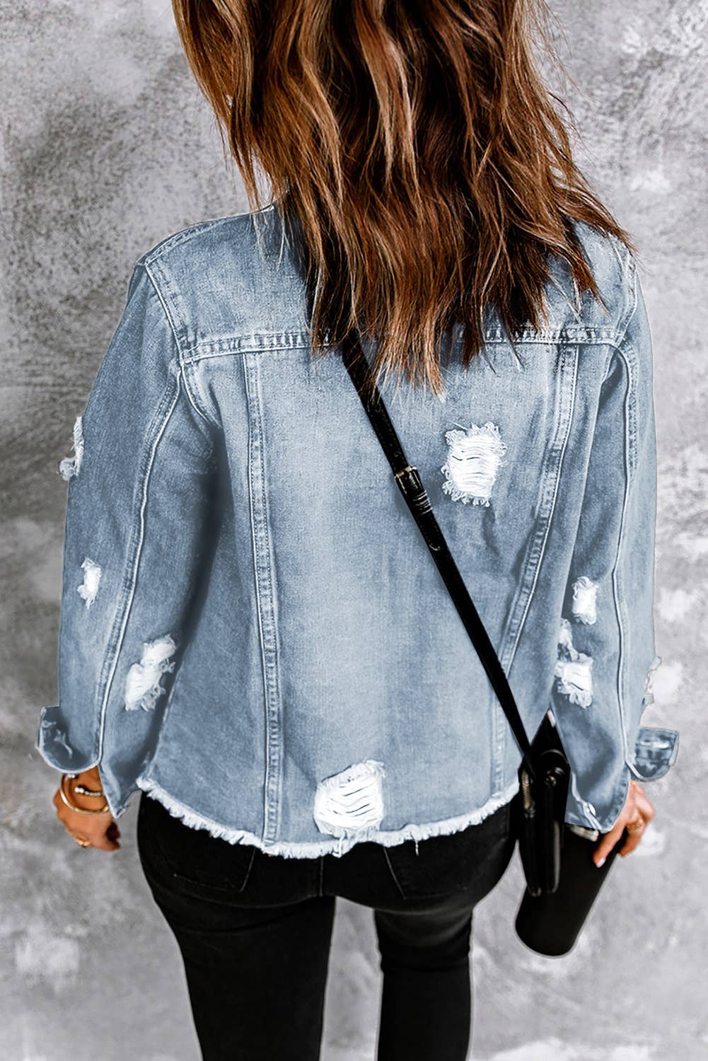 LDC Lapel Distressed Raw Hem Buttons Denim Jacket: Sky Blue / M