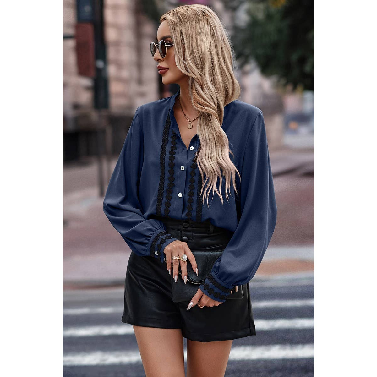SALE Twin Floral Lace Details With Button Blouse: Navy