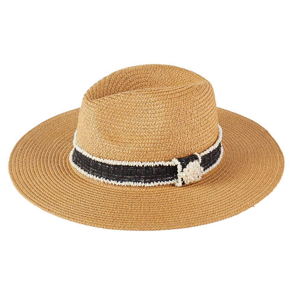 Taupe Tweed Pearl Band Straw Sun Hat