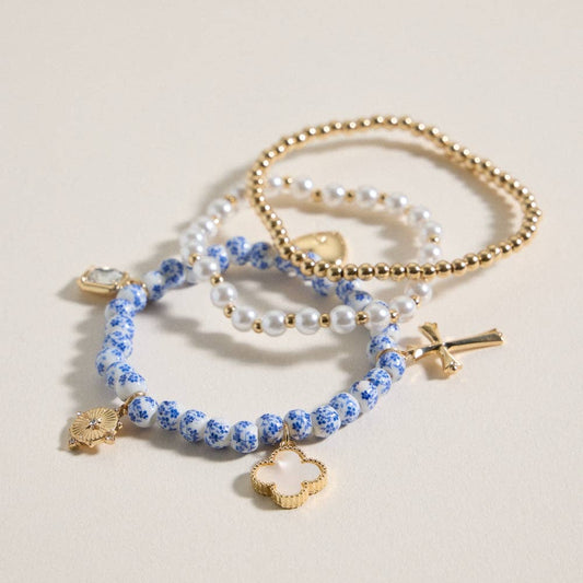 Blue Floral Charm Stretch Bracelet Set: