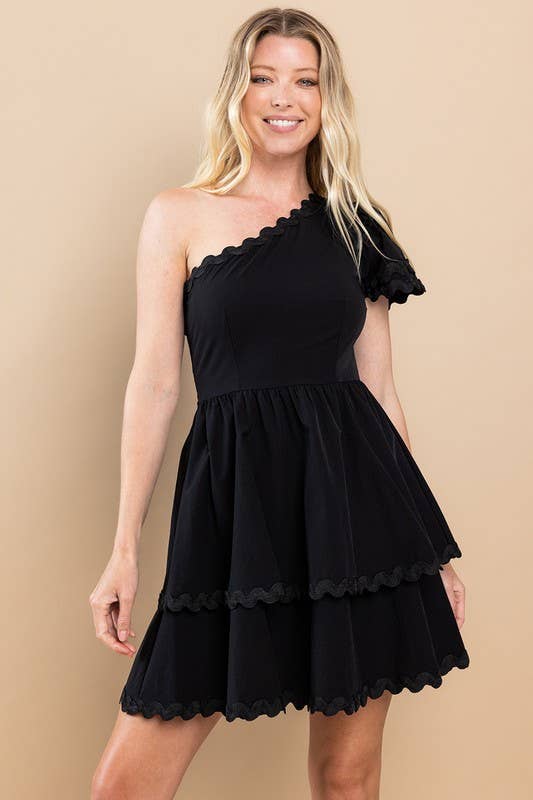 SALE Black Tiered One Shoulder Dress