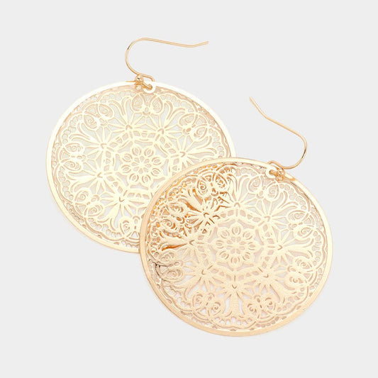 Filigree Brass Metal Round Dangle Earrings: Matte Gold