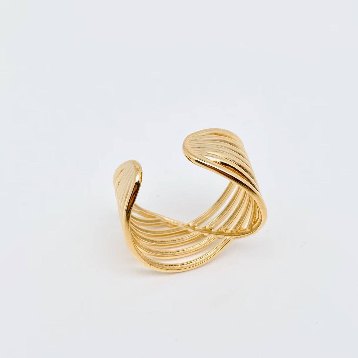 Gold Multilayer Cross Line Stainless Steel Opening Ring
