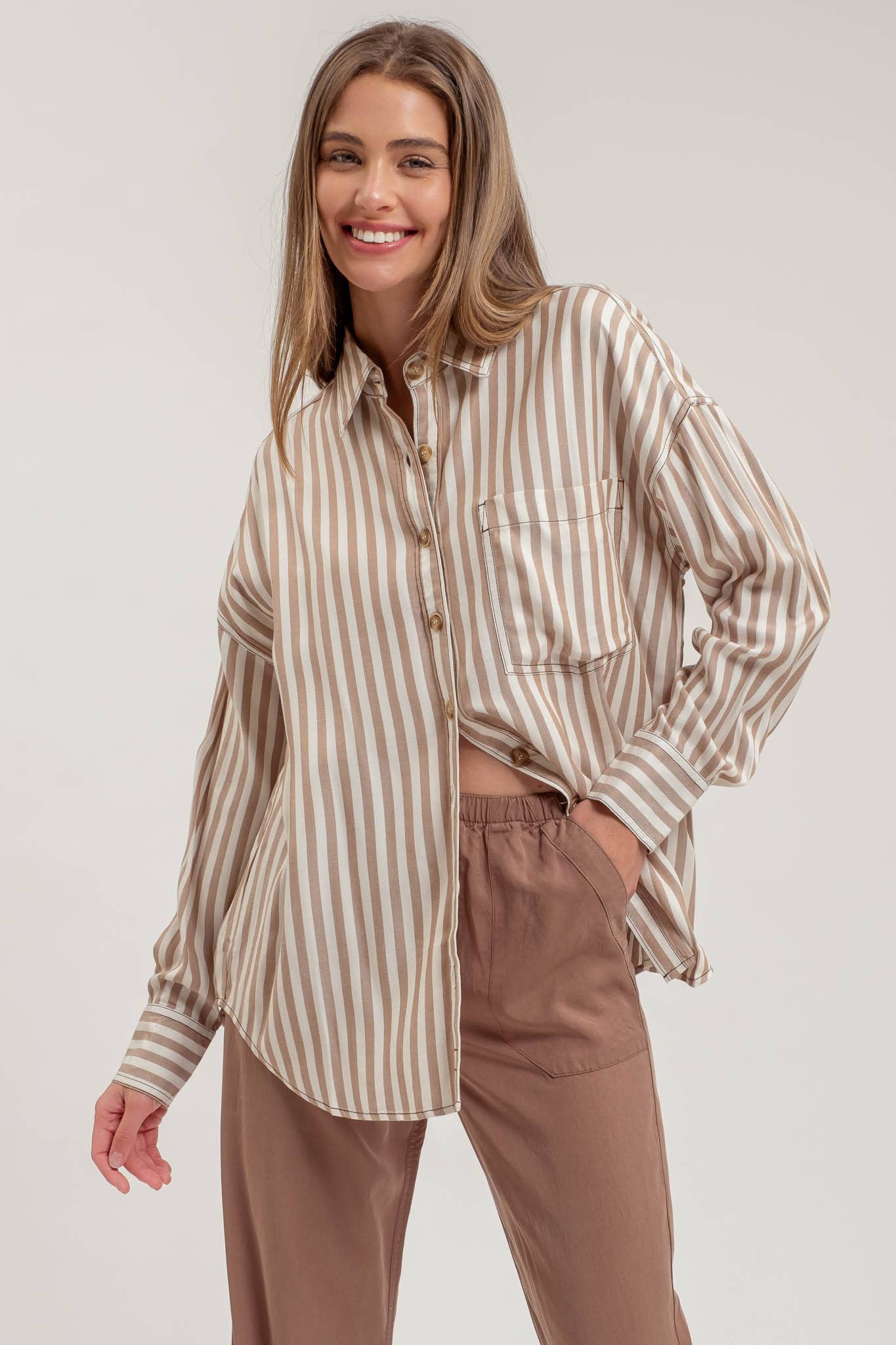 Brown Stripe Collared Button Down Shirt