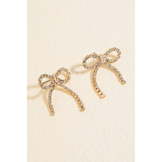 Gold Rhinestone Studded Ribbon Bow Stud Earrings