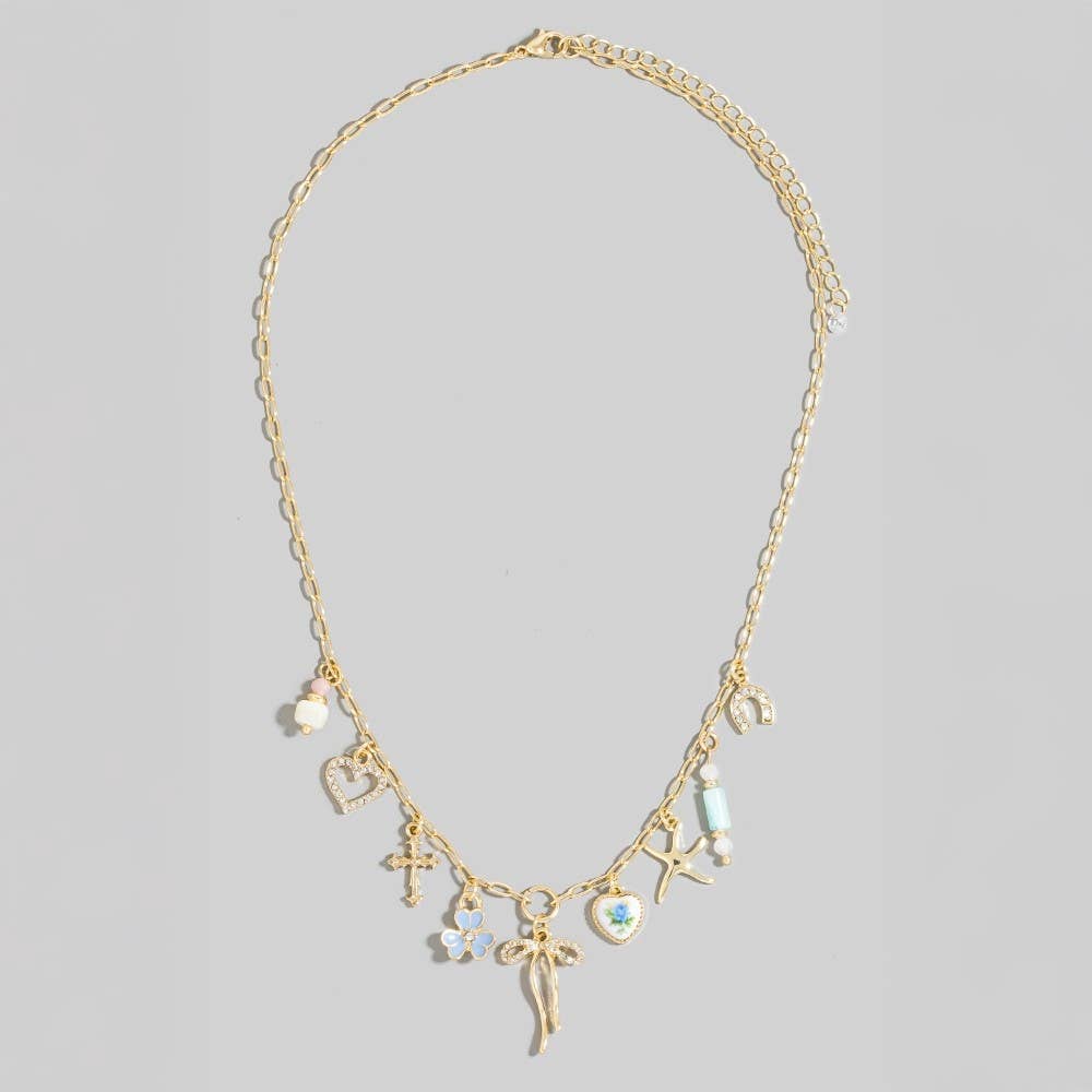 Floral Ceramic Hearts And Bow Mixed Charms Chain Necklace