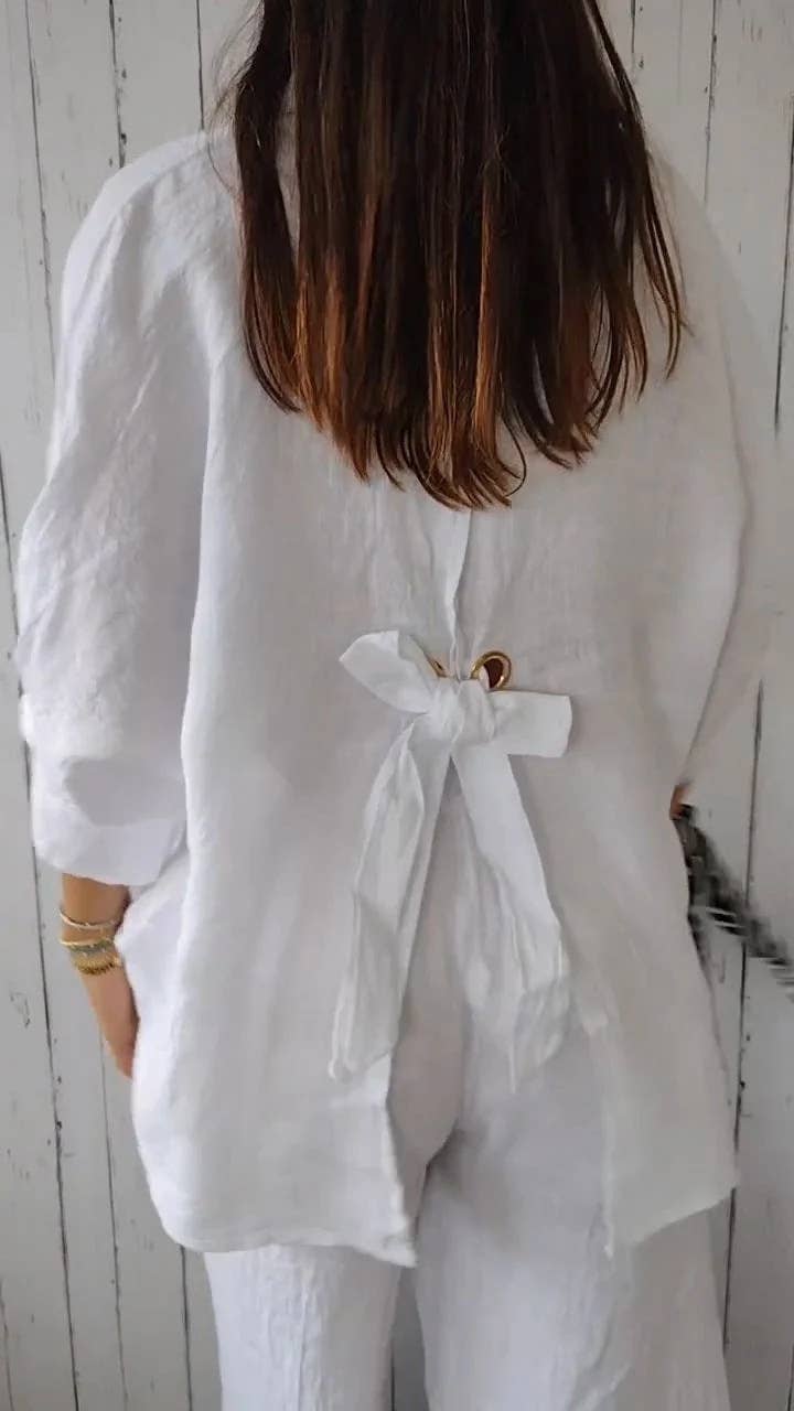 White Cotton Linen Back Belt Blouse