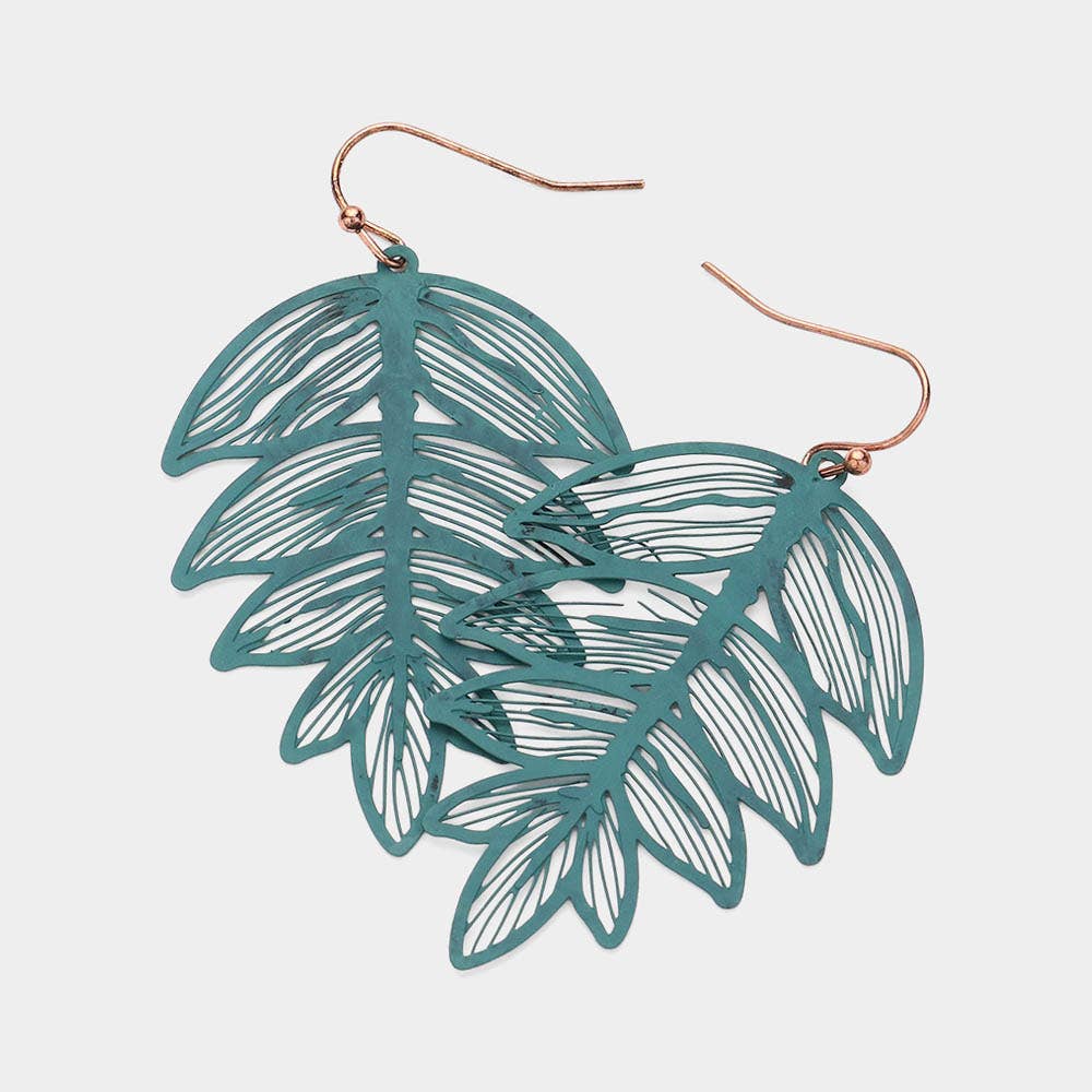 Brass Metal Filigree Leaf Dangle Earrings: Matte gold